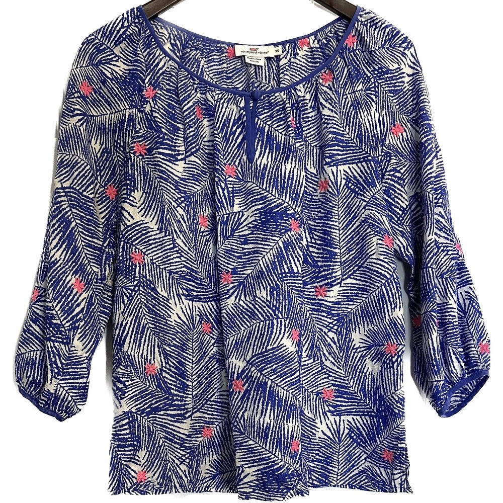 Vineyard Vines Shirt Womens XS Tropical Print Purple 100% Silk Blouse Top